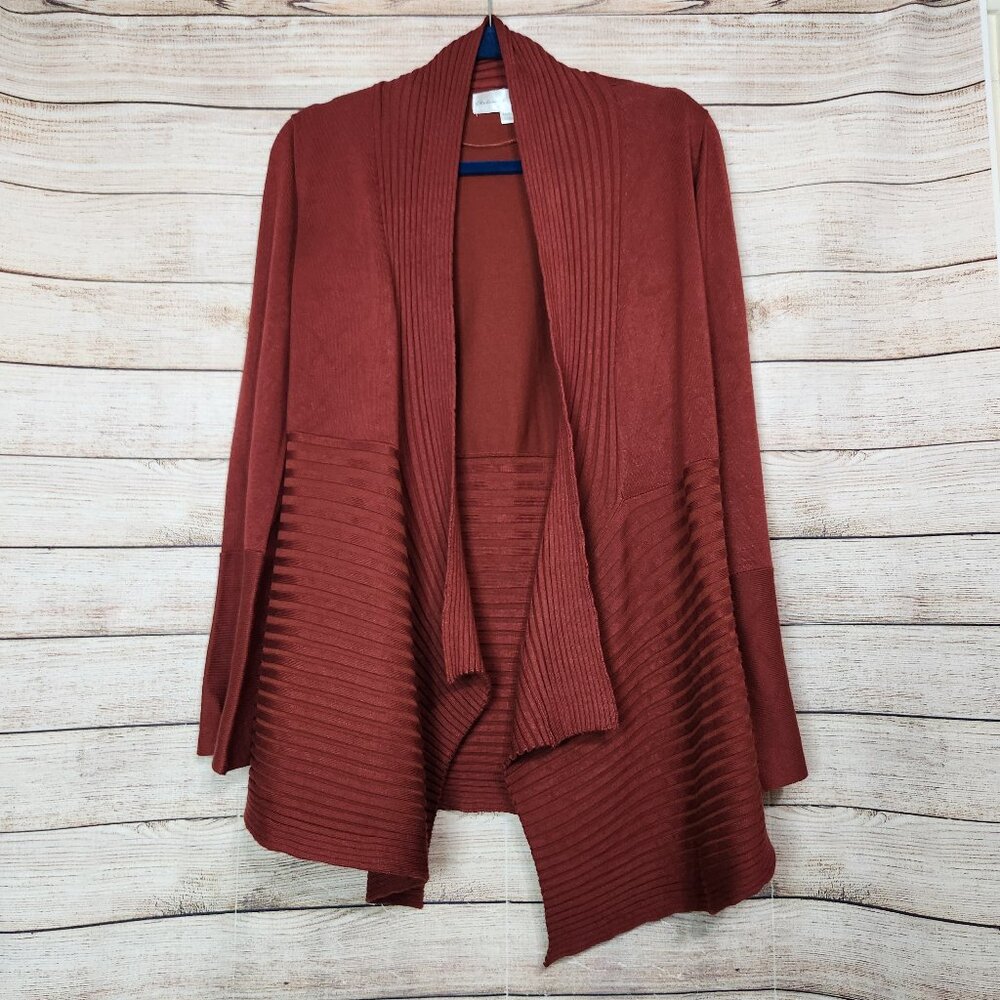 Chelsea & Theodore Open Cardigan Asymmetrical Ribbed Brown Women's Size Medium